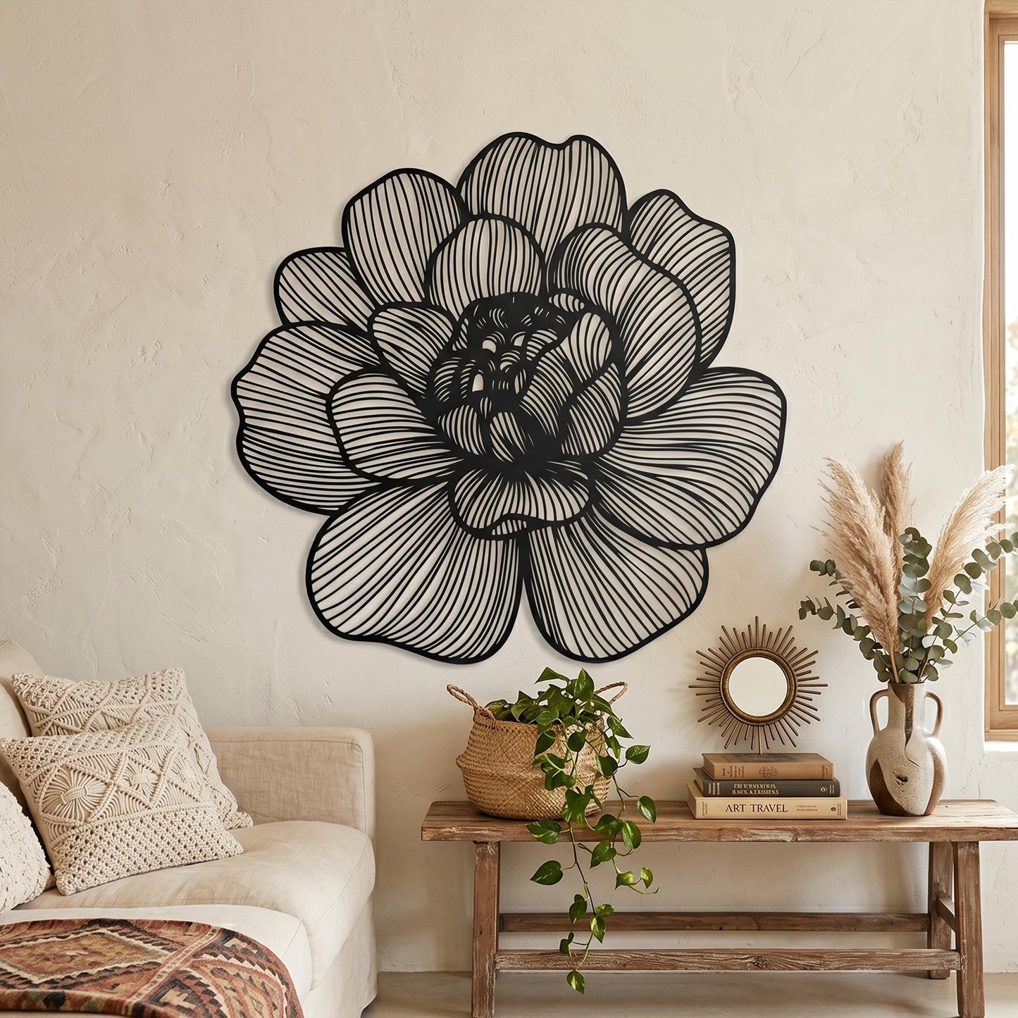 Metal Flower Wall Art size guide with dimensions in cm and inches