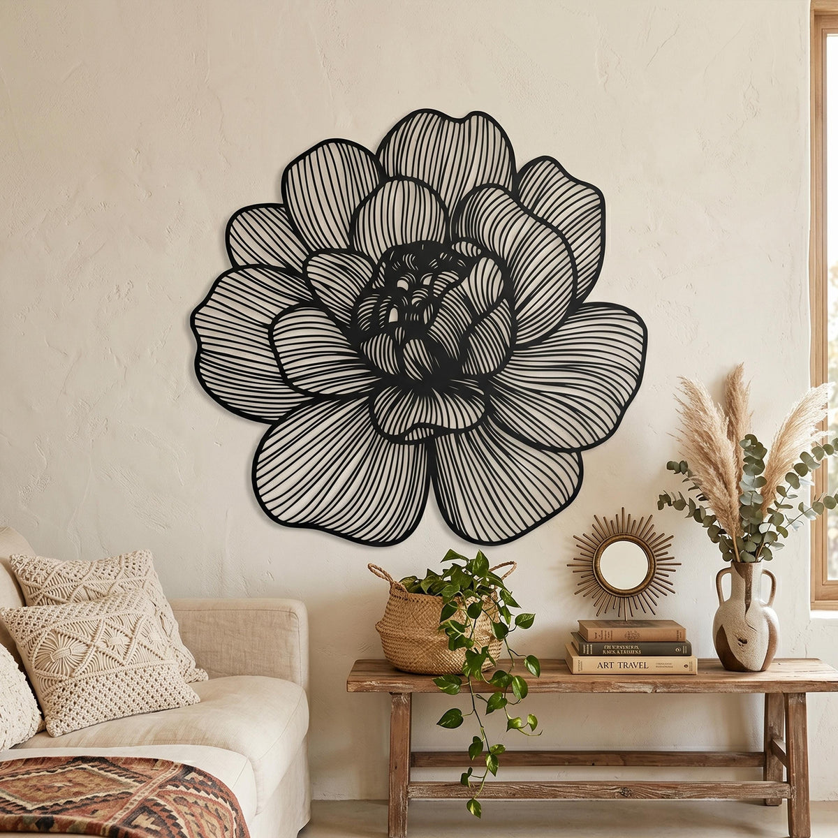 Metal Flower Wall Art size guide with dimensions in cm and inches