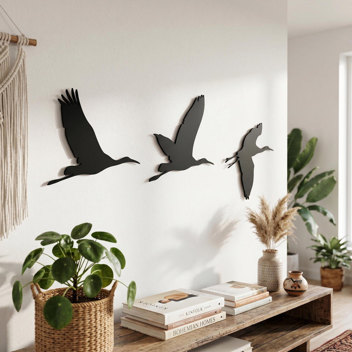 Set of 3 Flying Metal Birds Wall Art hanging hardware and mounting detail