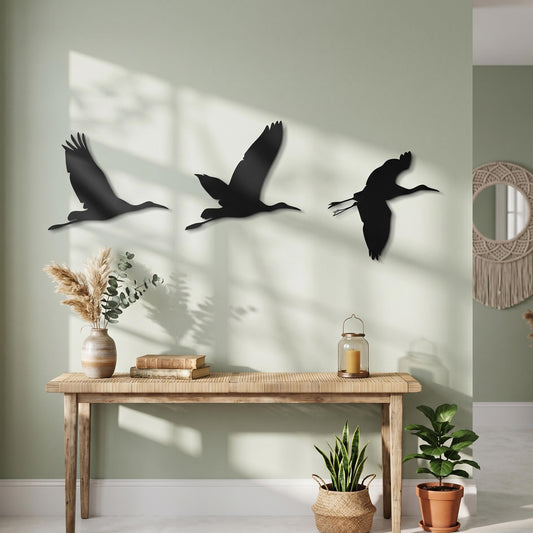Set of 3 Flying Metal Birds Wall Art – laser-cut steel wall decor