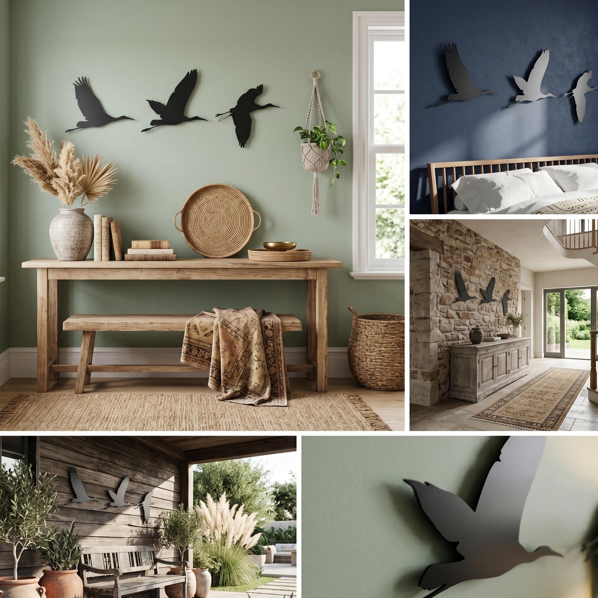 Set of 3 Flying Metal Birds Wall Art size guide with dimensions in cm and inches