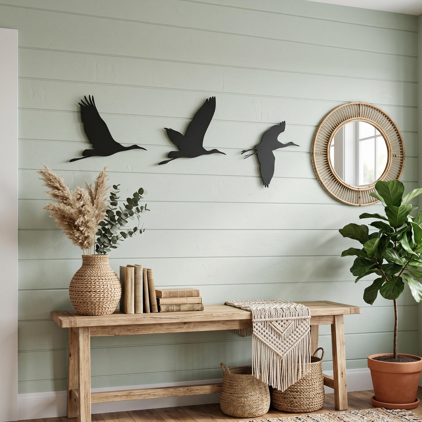 Set of 3 Flying Metal Birds Wall Art shown on a living room wall