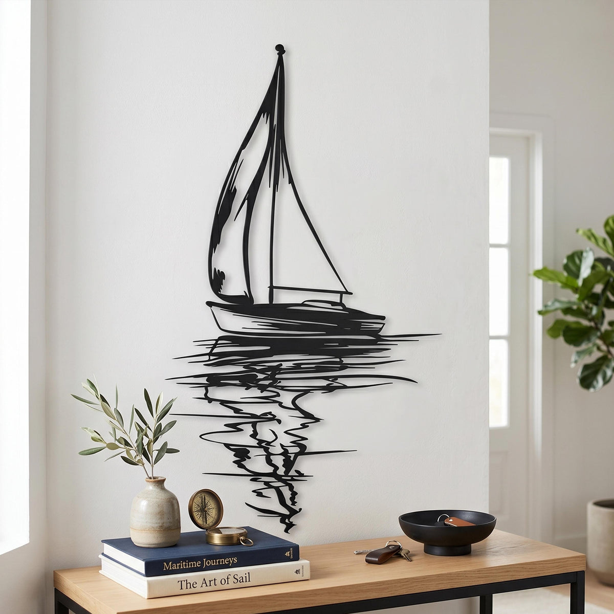 Black Steel Sailboat Silhouette Art Minimalist detail of the metal edge