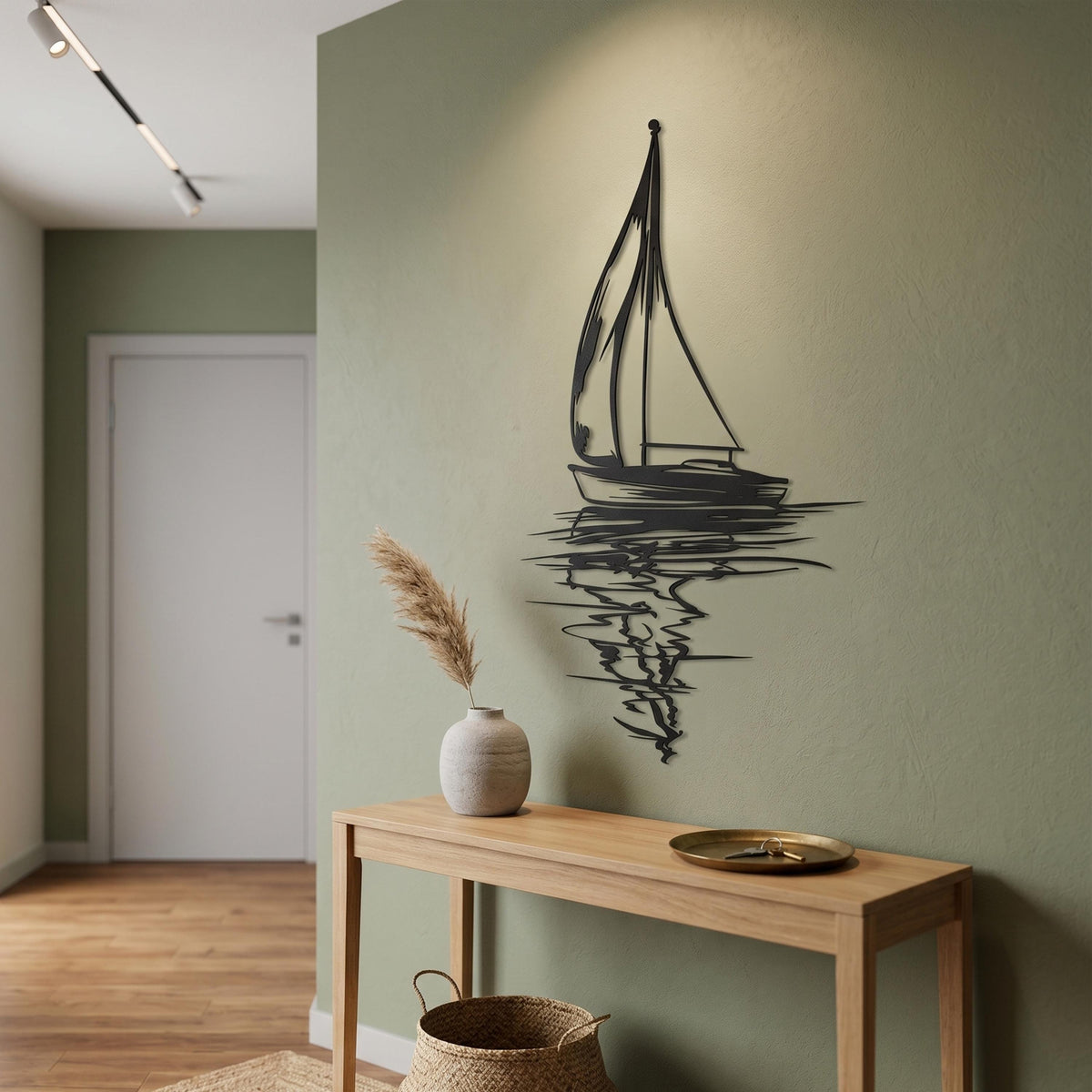 Black Steel Sailboat Silhouette Art Minimalist close-up of the powder-coated finish