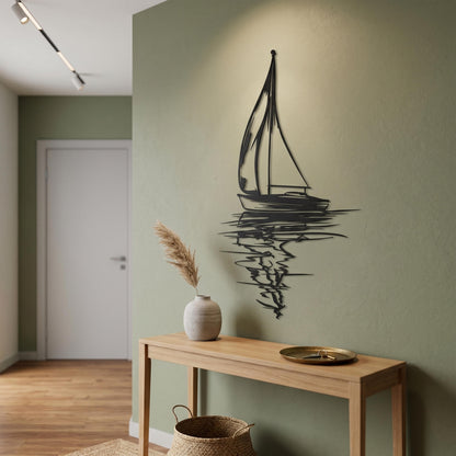 Black Steel Sailboat Silhouette Art Minimalist close-up of the powder-coated finish