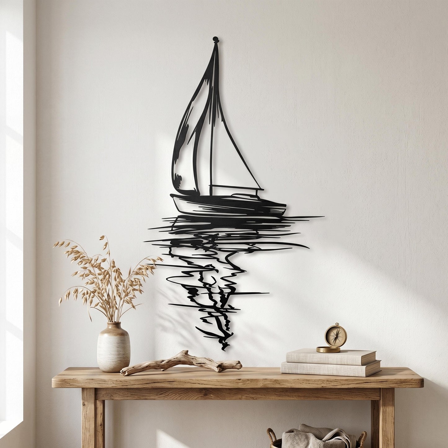 Black Steel Sailboat Silhouette Art Minimalist, Nautical Coastal Living Room Piece | Wallsignature