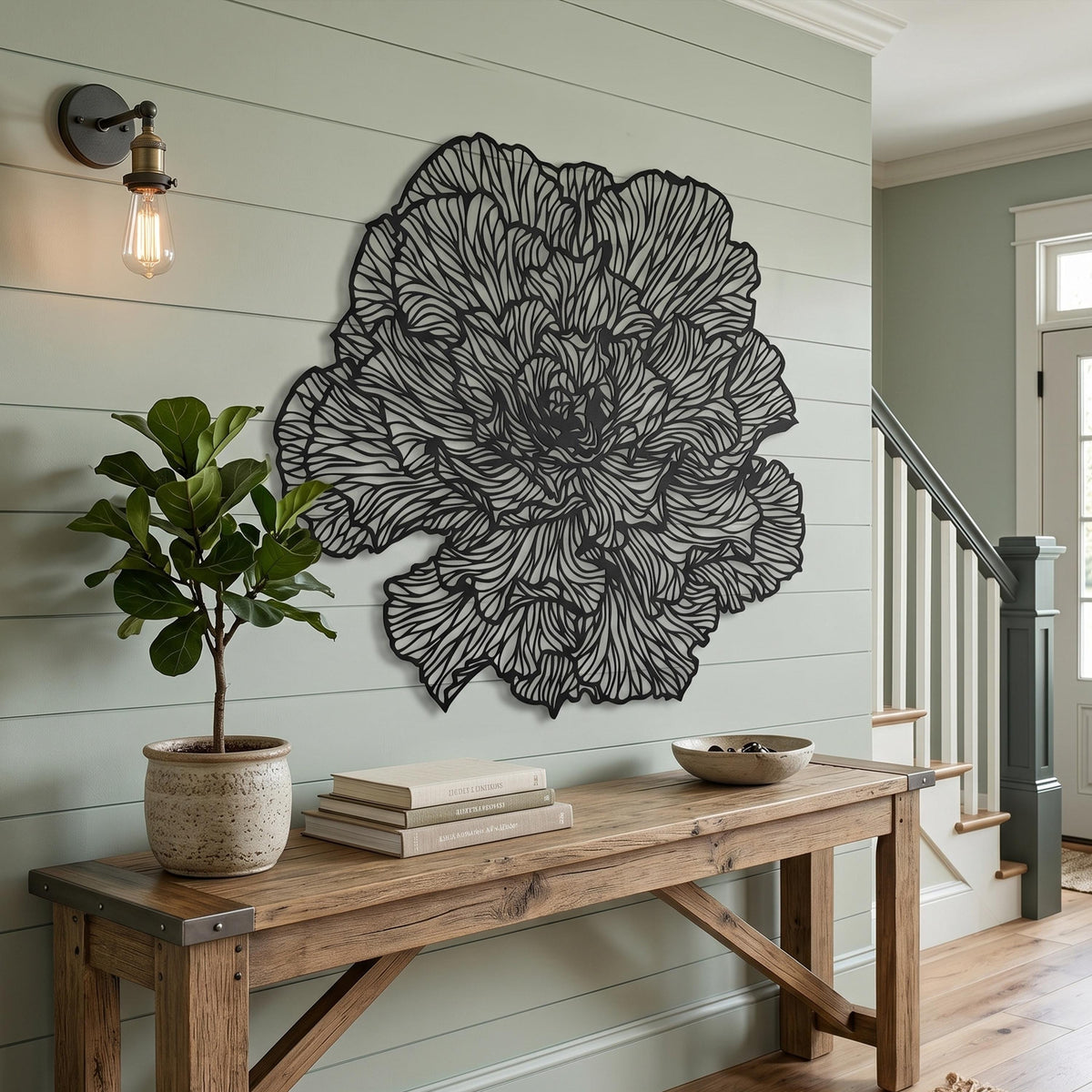 Large Peony Black Metal Flower Wall Art detail of the metal edge