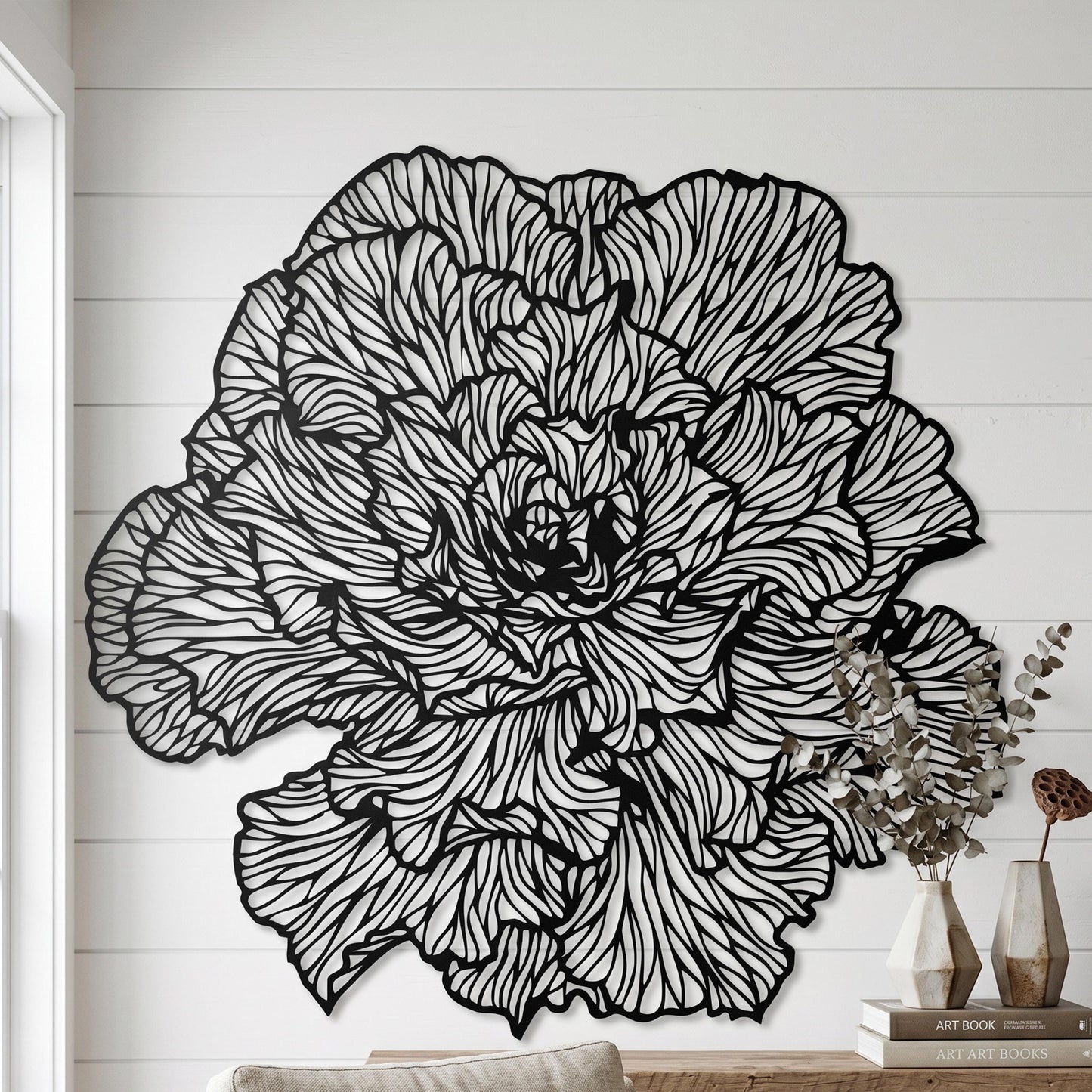 Large Peony Black Metal Flower Wall Art hanging hardware and mounting detail