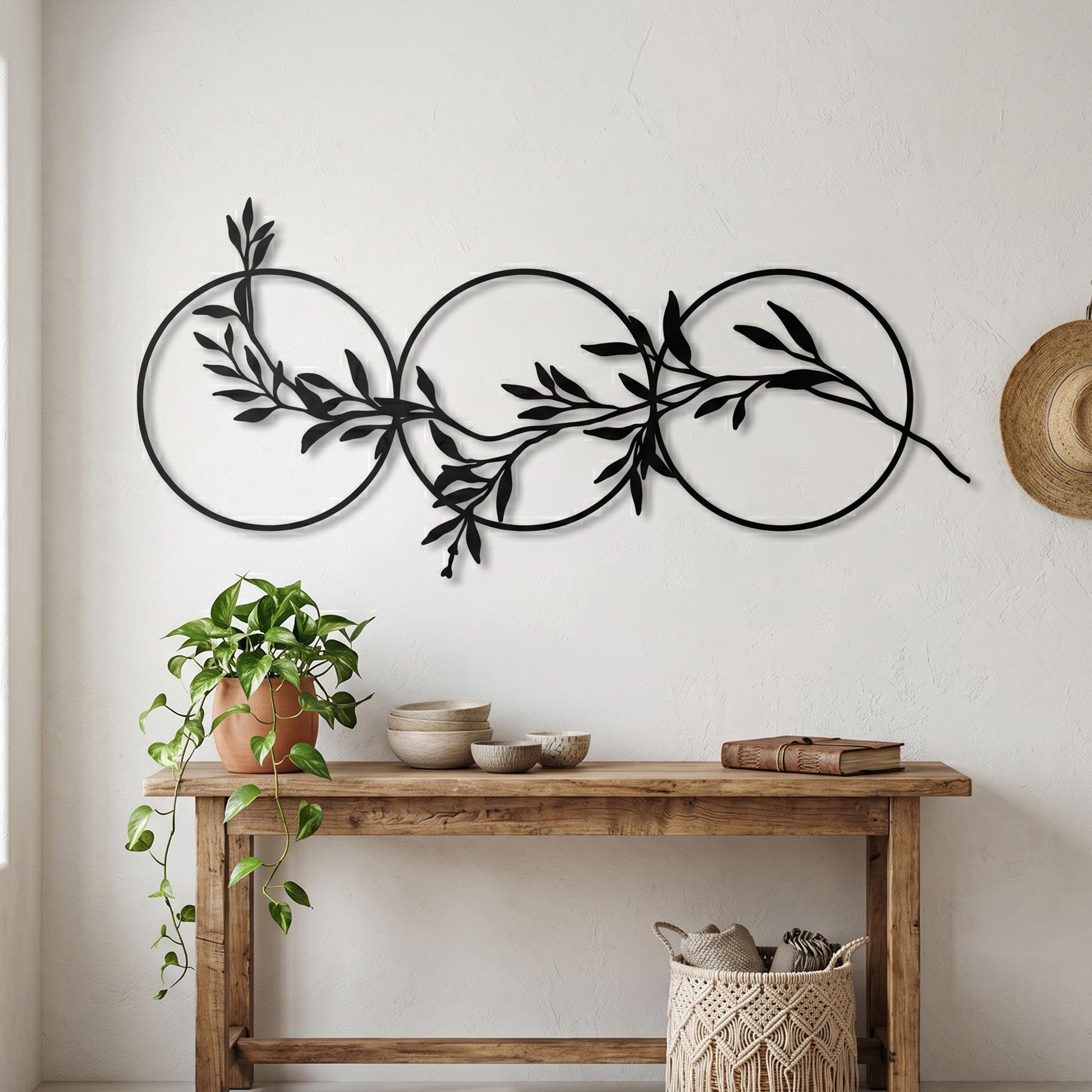 Three Circles Leaf Metal Wall Art, Matte Black Steel Olive Branch Over Bed Decor | Wallsignature