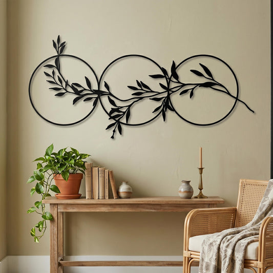 Three Circles Leaf Metal Wall Art, Matte Black Steel Olive Branch Over Bed Decor | Wallsignature