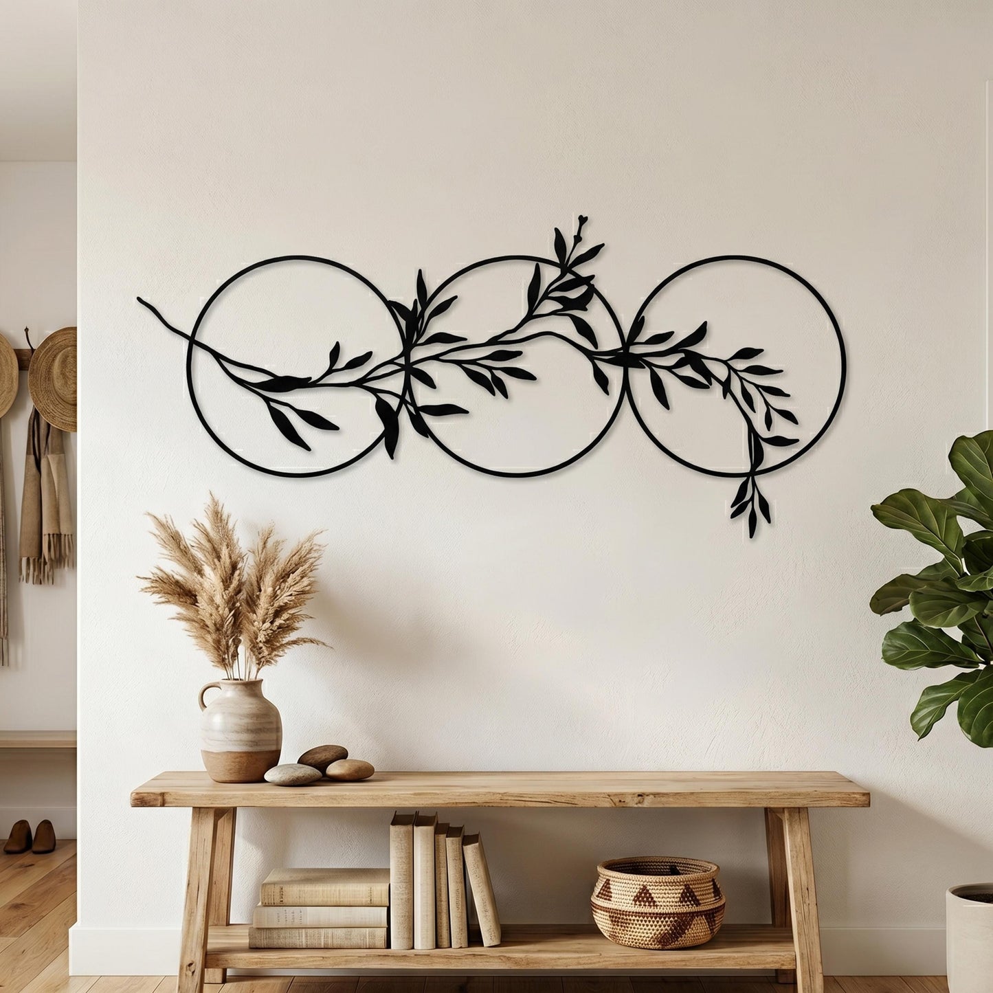 Olive Branch Circles Matte Black Steel Botanical Over Bed Horizontal Art in a modern hallway