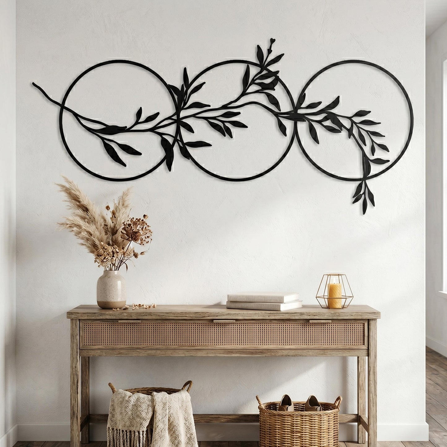 Olive Branch Circles Matte Black Steel Botanical Over Bed Horizontal Art hanging hardware and mounting detail