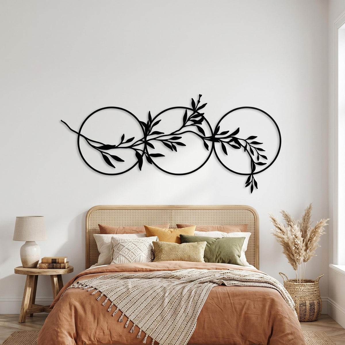 Olive Branch Circles Matte Black Steel Botanical Over Bed Horizontal Art size guide with dimensions in cm and inches