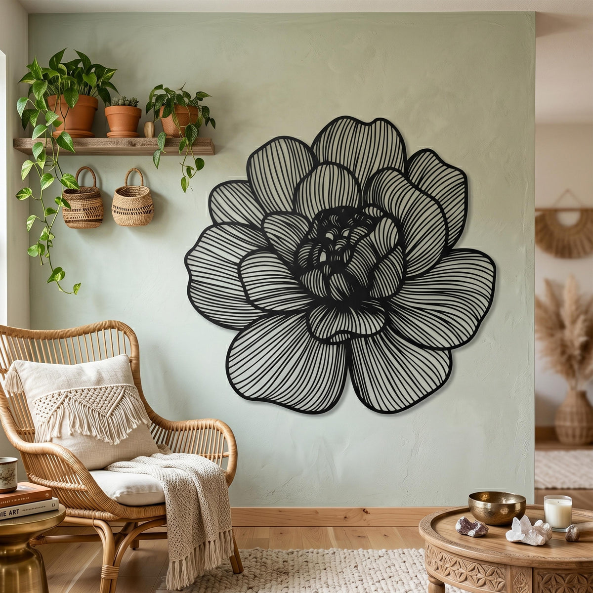 Metal Flower Wall Art shown on a living room wall
