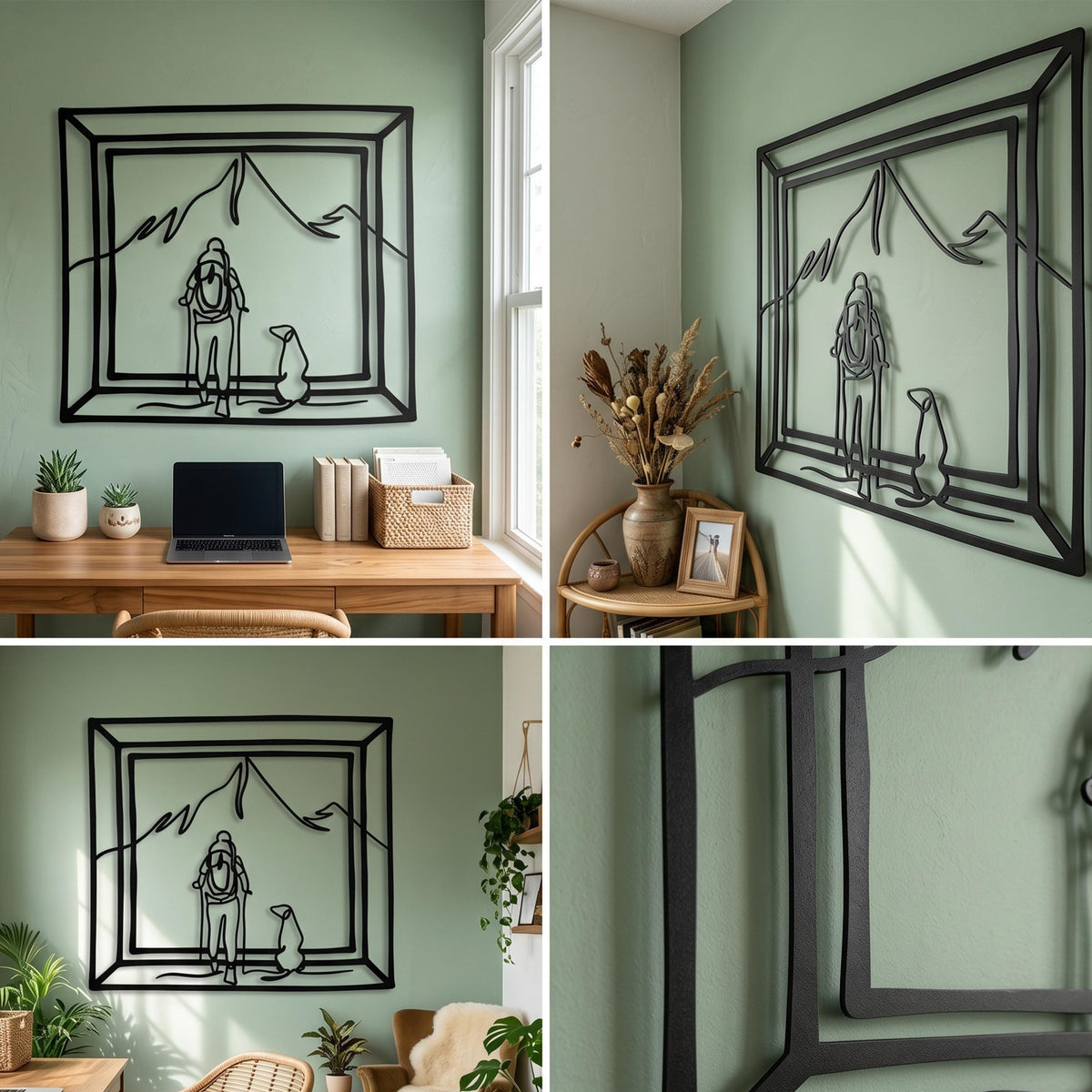 Hiker and Dog Metal Wall Art size guide with dimensions in cm and inches