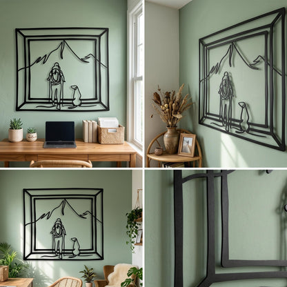 Hiker and Dog Metal Wall Art size guide with dimensions in cm and inches