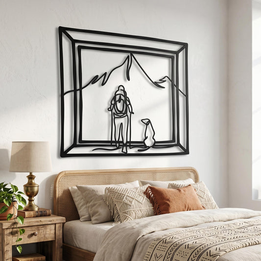 Hiker and Dog Metal Wall Art – laser-cut steel wall decor
