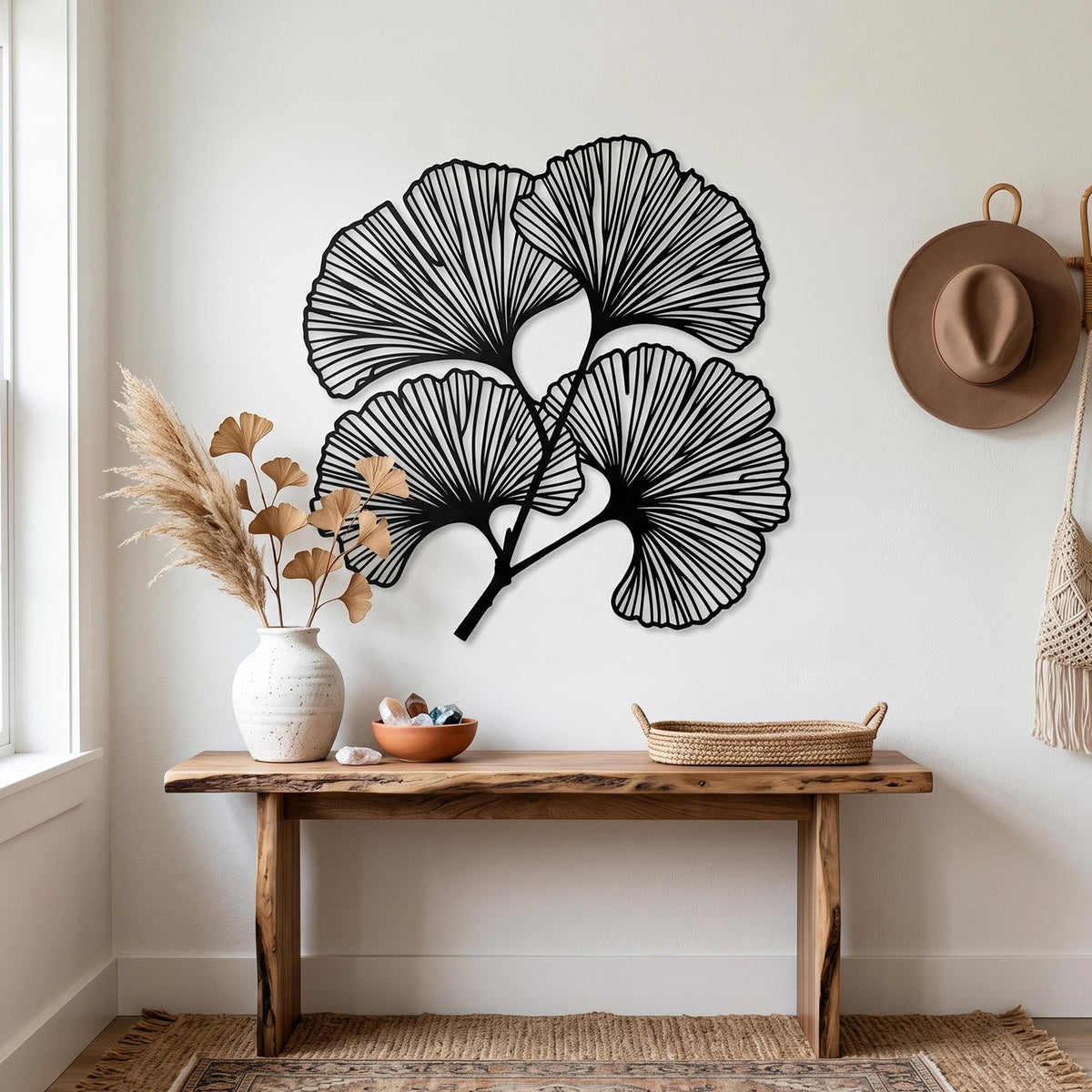Ginkgo Leaf Metal Wall Art hanging bracket and mounting detail