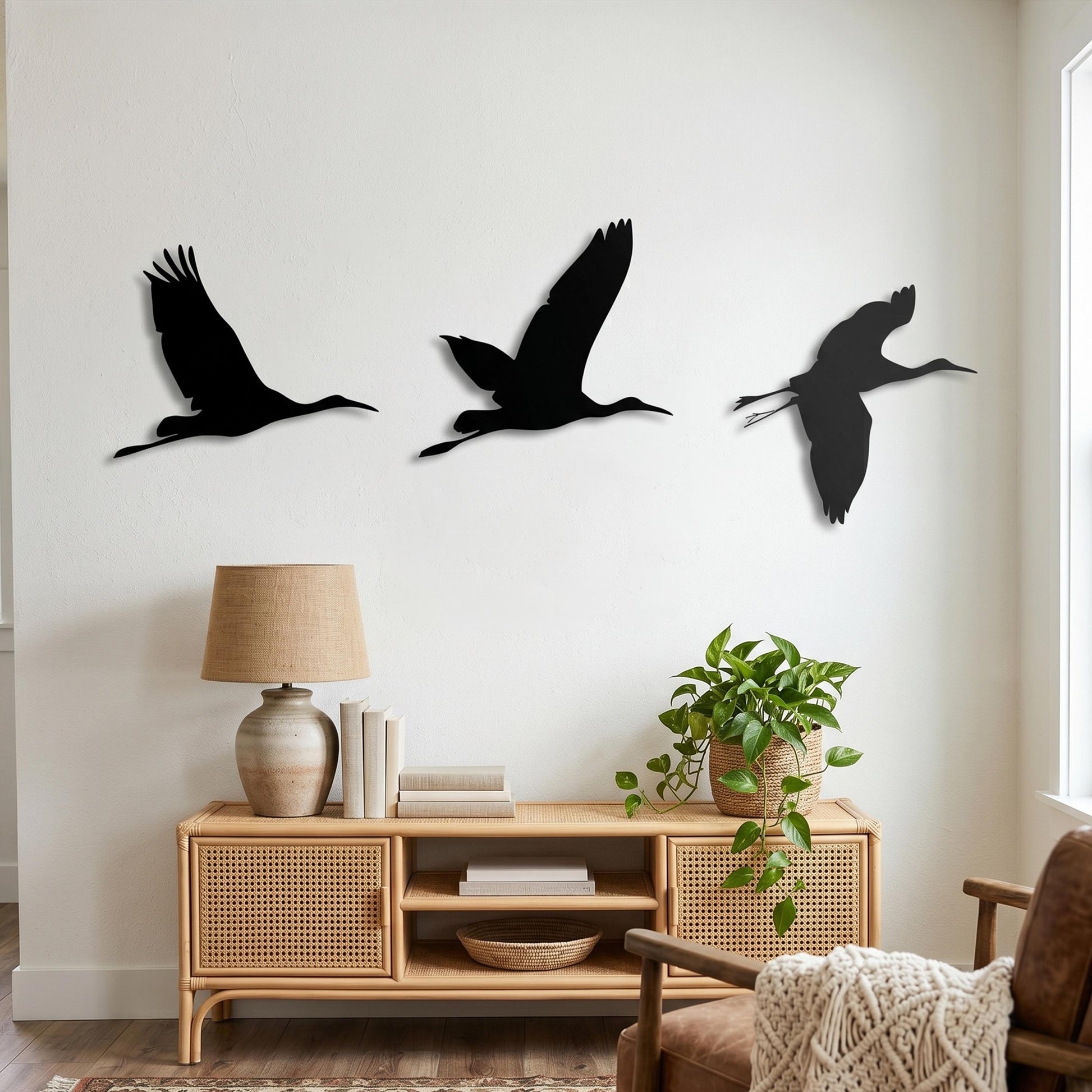Set of 3 Flying Metal Birds Wall Art styled above a sofa