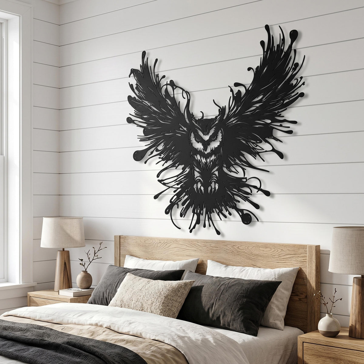 Modern Owl Metal Wall Art shown on a living room wall