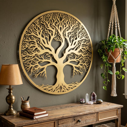 Large Tree of Life Metal Wall Art styled above a sofa