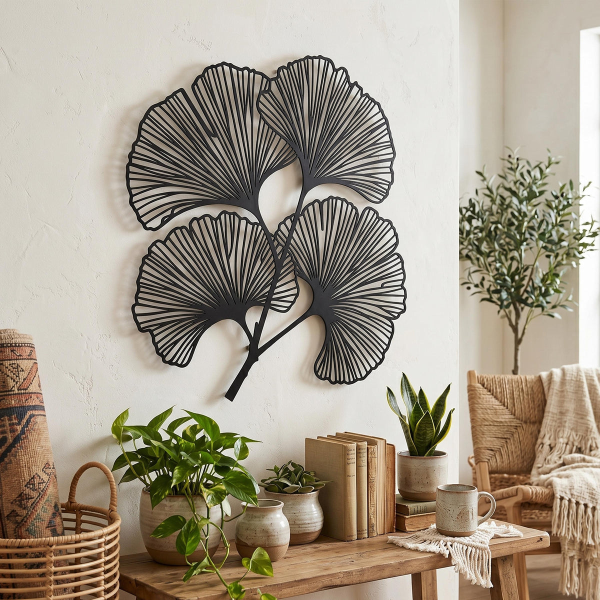 Ginkgo Leaf Metal Wall Art styled on a living room wall