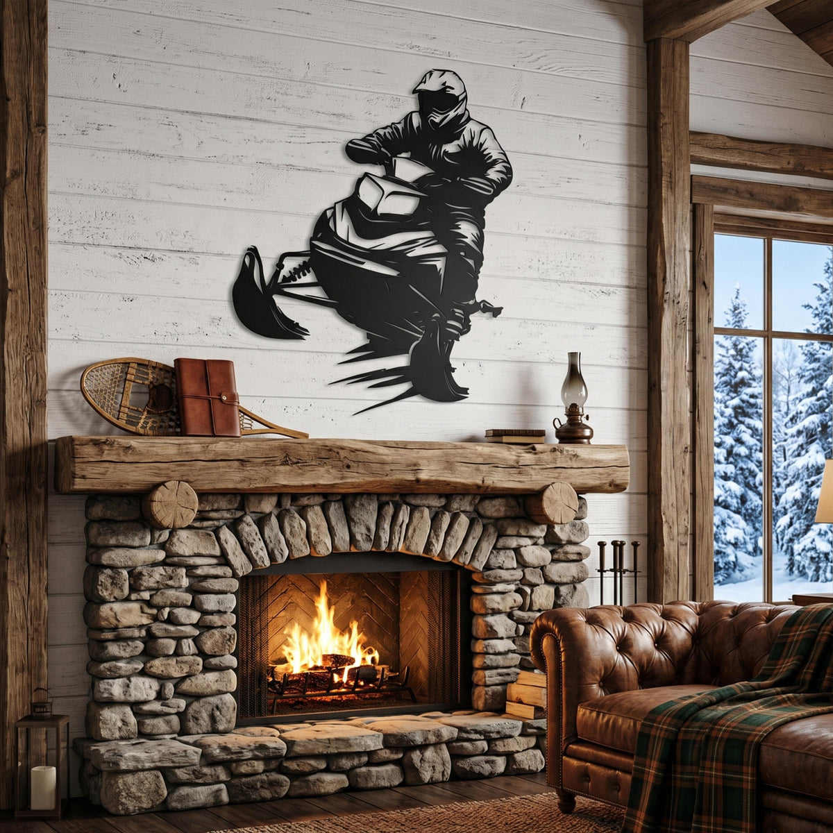 Snowmobile Metal Wall Art in a modern hallway