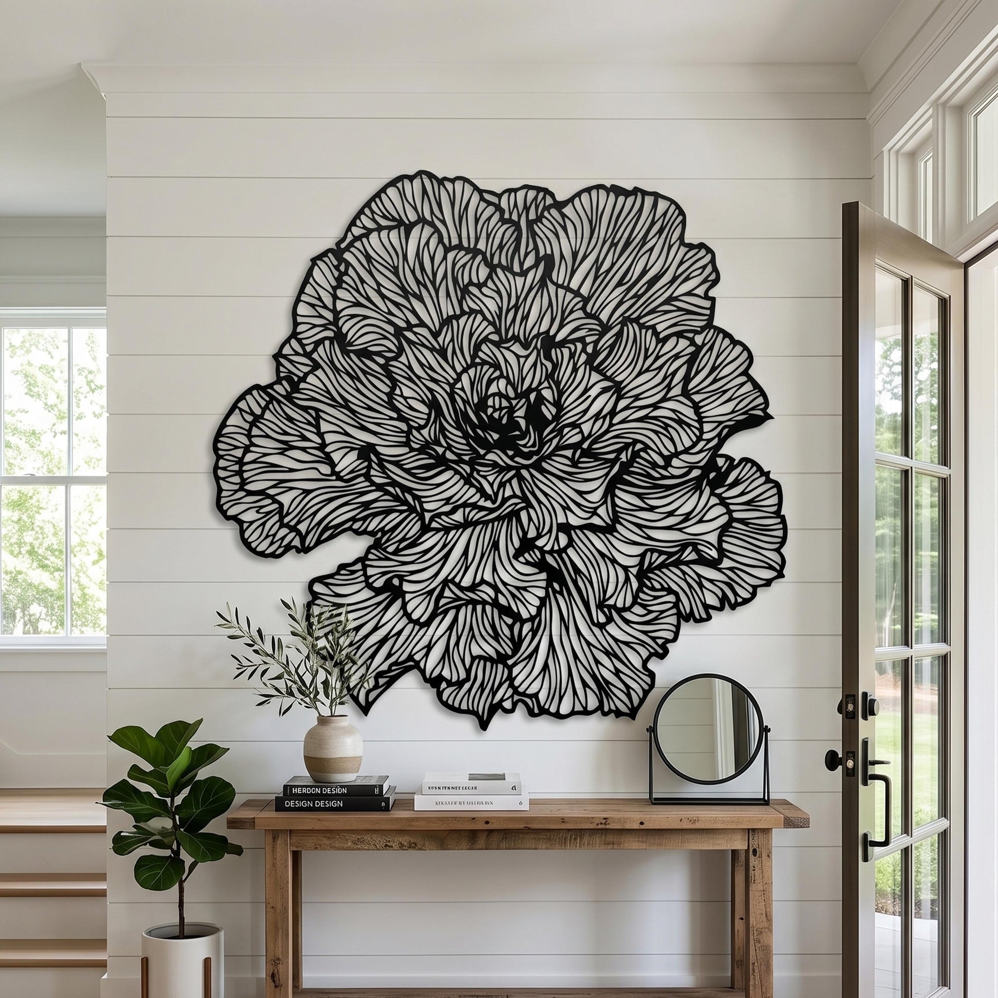 Large Peony Black Metal Flower Wall Art shown on a living room wall