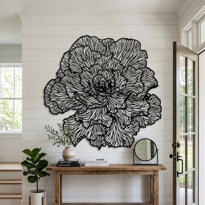 Large Peony Black Metal Flower Wall Art shown on a living room wall
