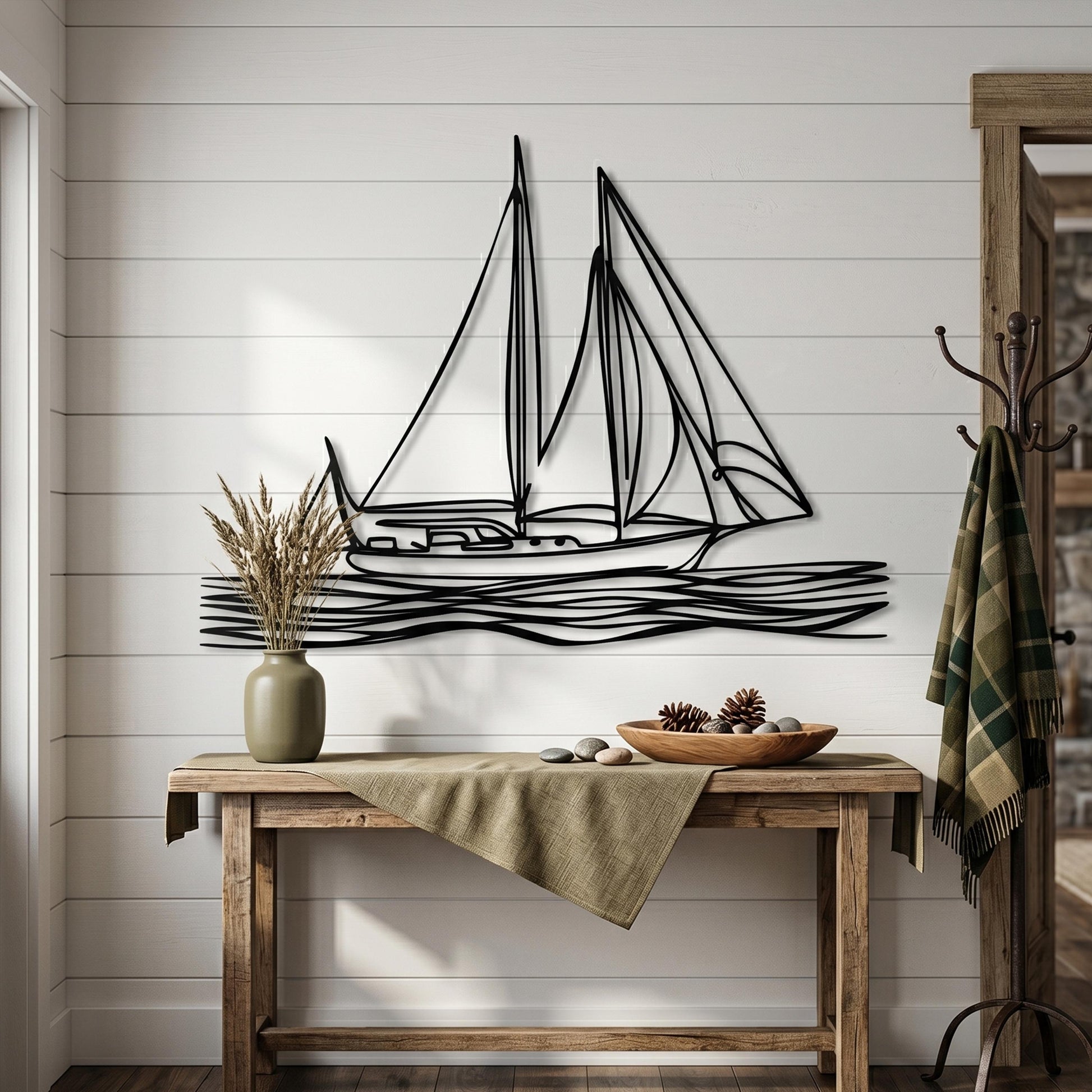 Sailboat Metal Wall Art in a modern hallway