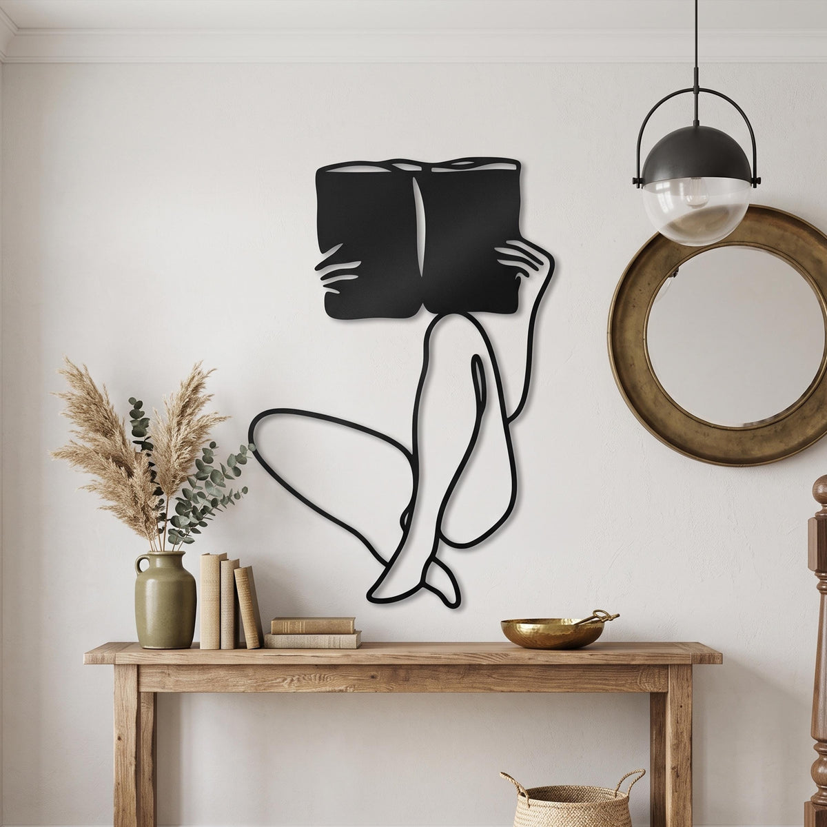Woman Reading Metal Wall Art shown in a modern interior