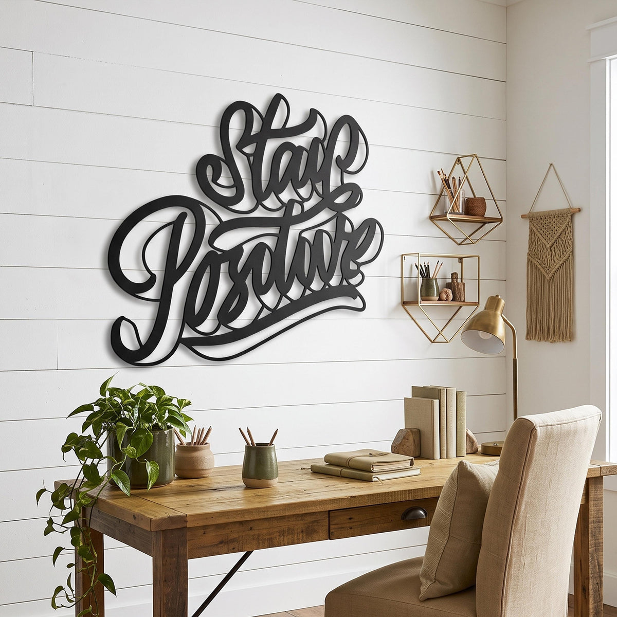 Stay Positive Metal Wall Art in a modern hallway