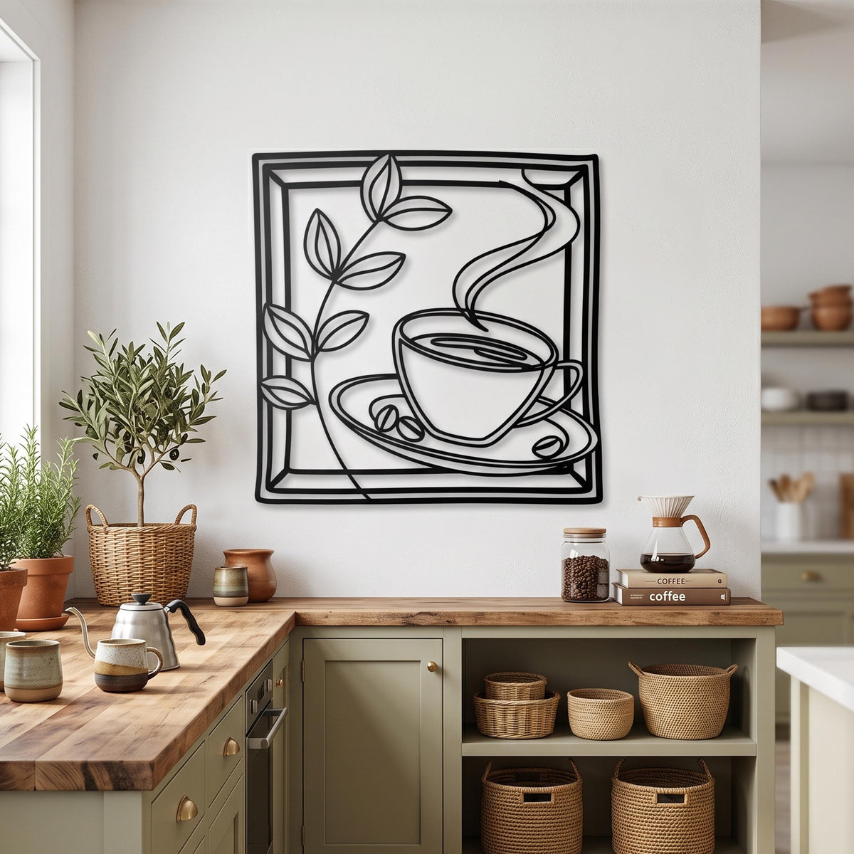 Metal Coffee Cup Wall Art shown on a living room wall