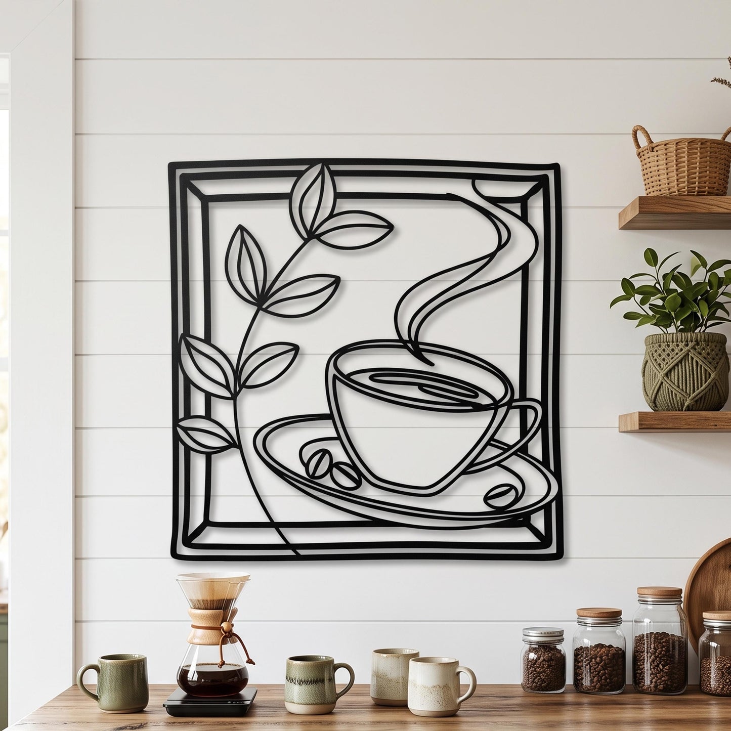 Metal Coffee Cup Wall Art size guide with dimensions in cm and inches