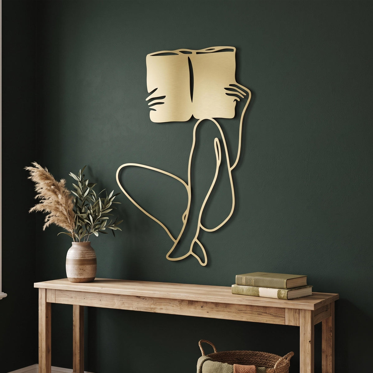 Woman Reading Metal Wall Art styled on a living room wall