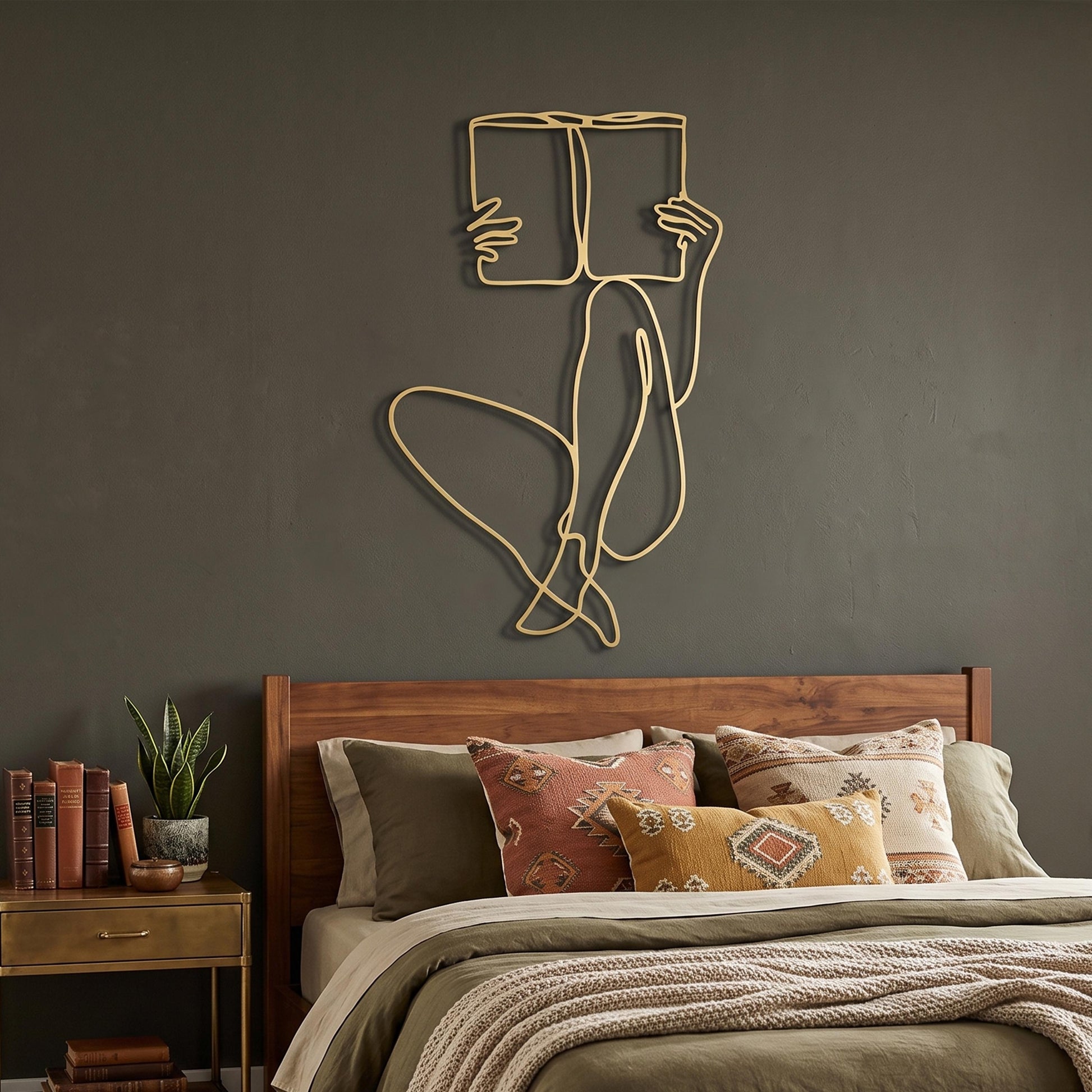 One Line Woman Metal Wall Art shown on a living room wall
