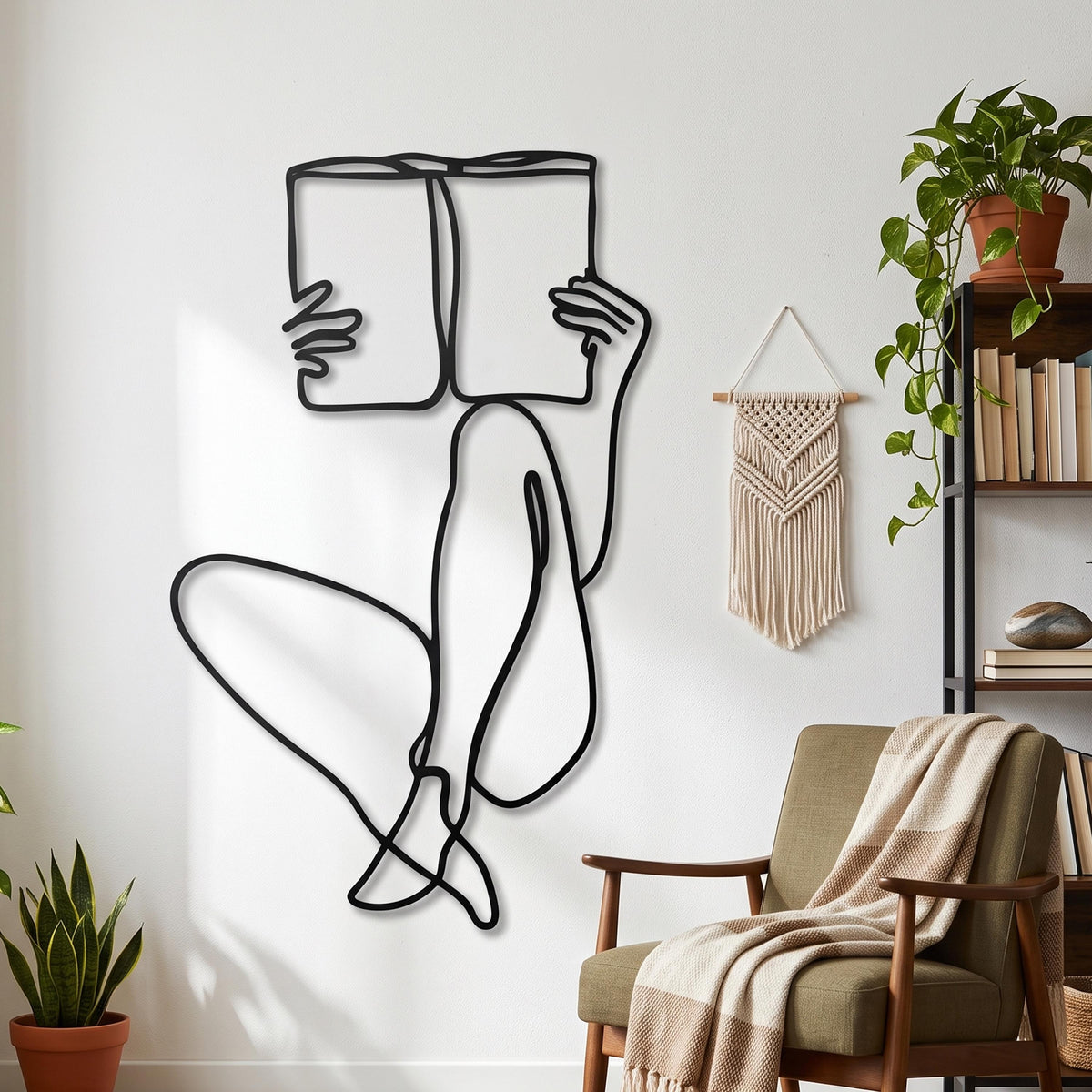 One Line Woman Metal Wall Art styled above a sofa