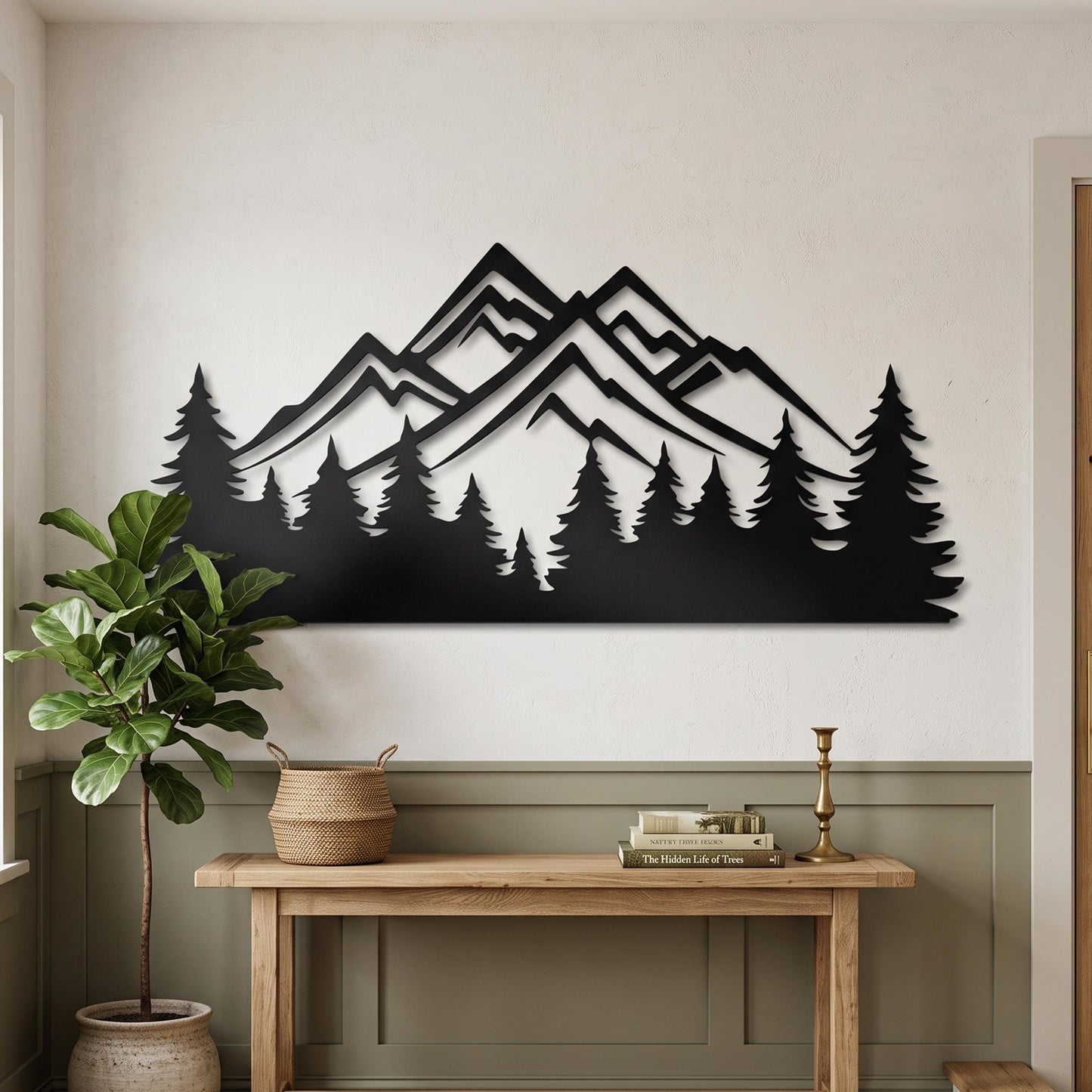 Metal Mountain Forest Wall Art close-up of the powder-coated finish