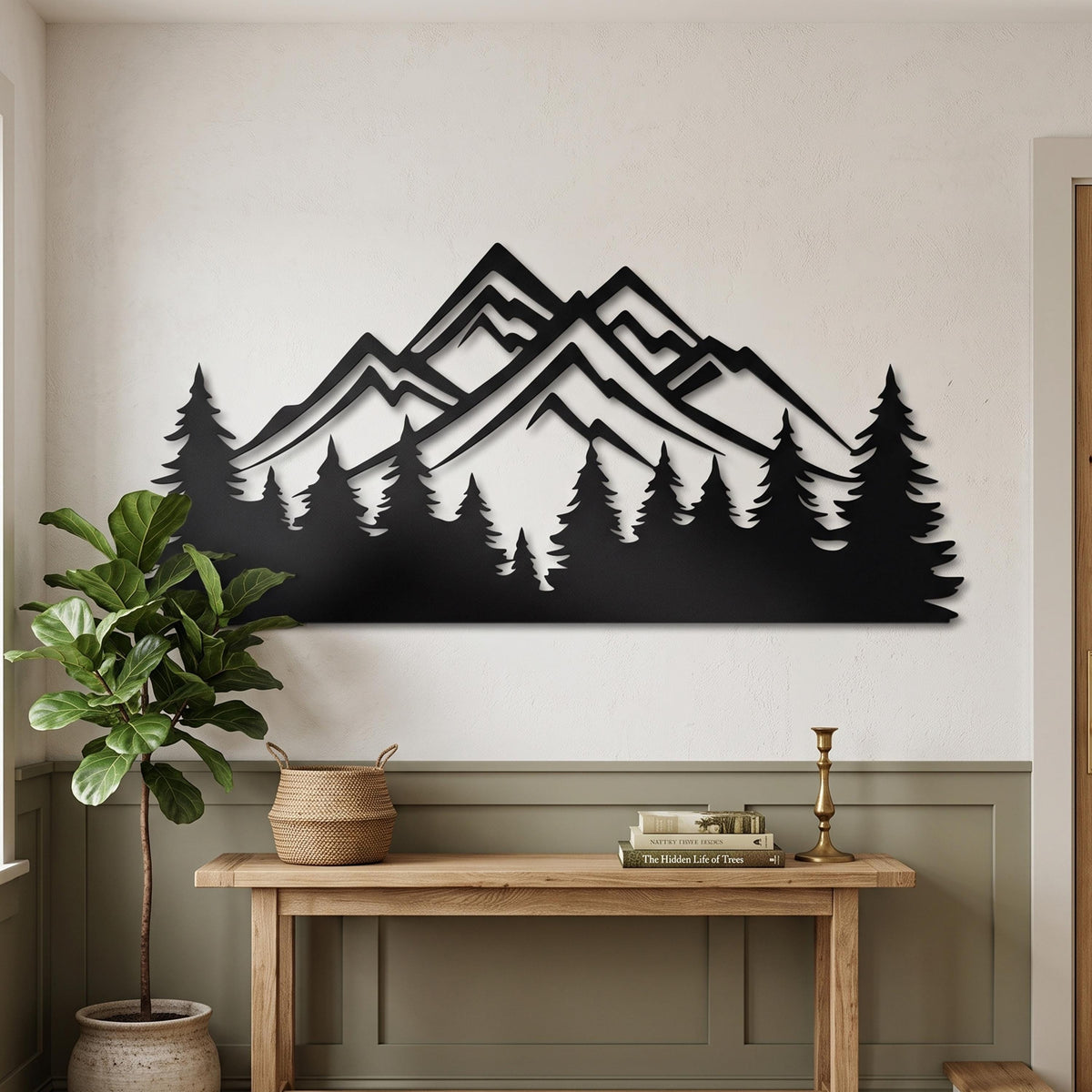 Metal Mountain Forest Wall Art close-up of the powder-coated finish