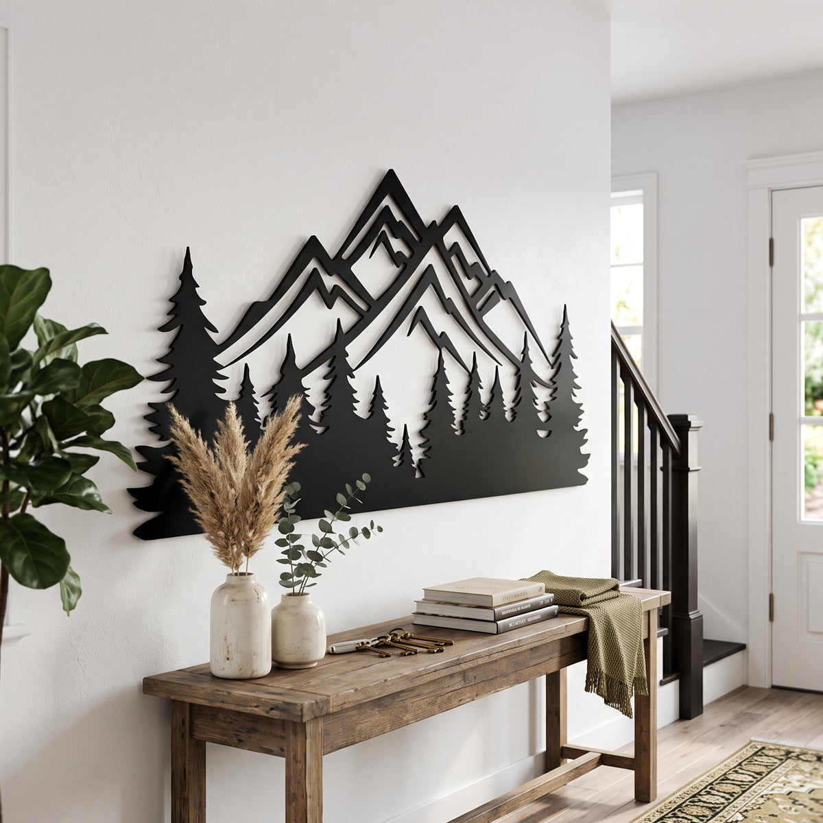 Metal Mountain Forest Wall Art size guide with dimensions in cm and inches