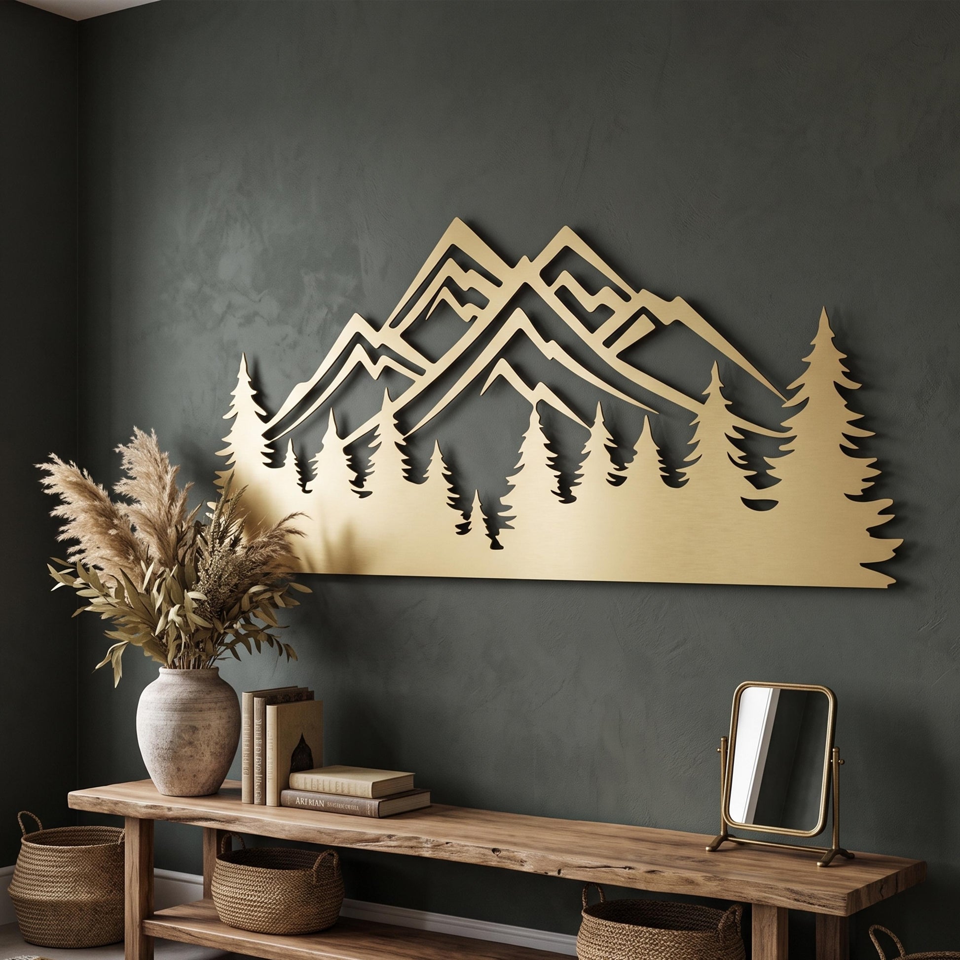 Metal Mountain Forest Wall Art shown on a living room wall
