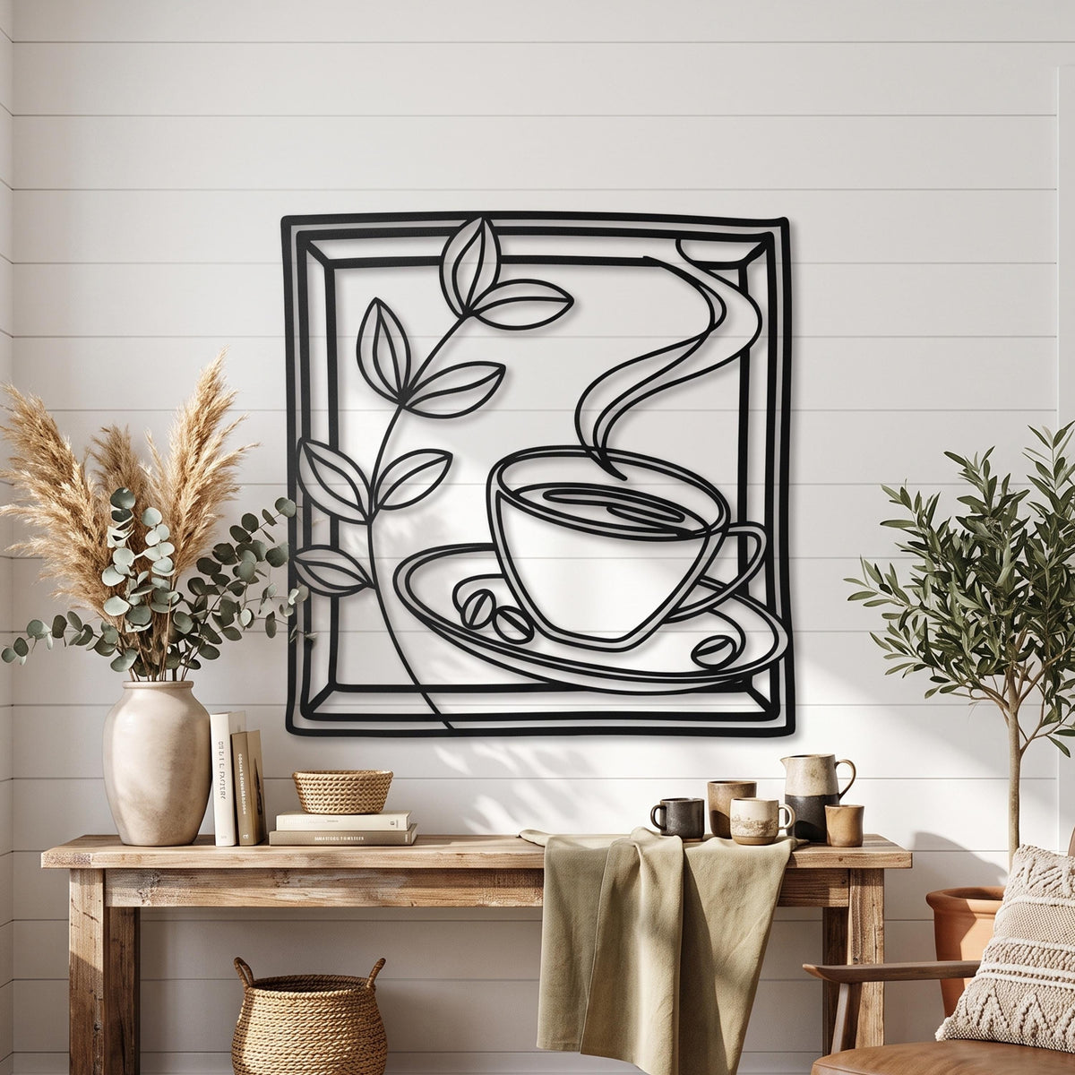 Metal Coffee Cup Wall Art styled above a sofa
