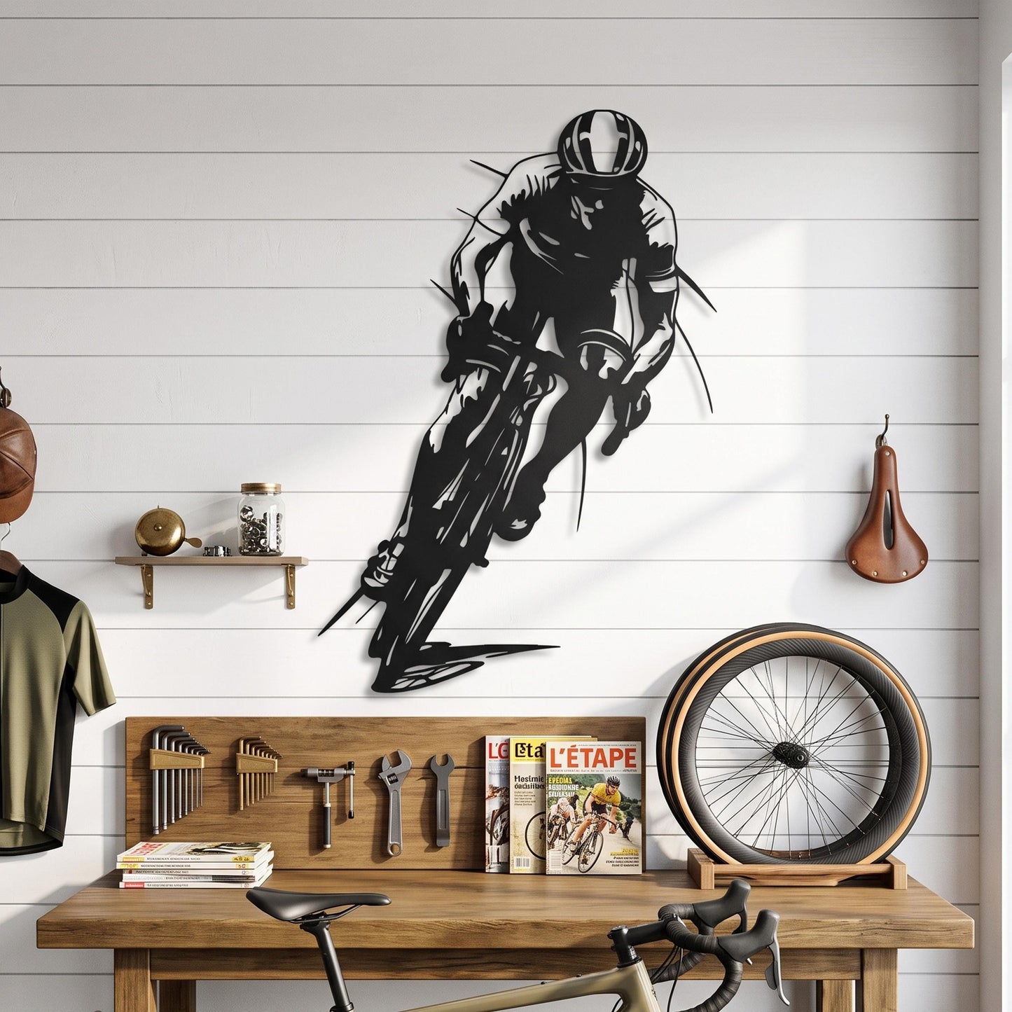 Metal Cyclist Wall Art shown on a living room wall