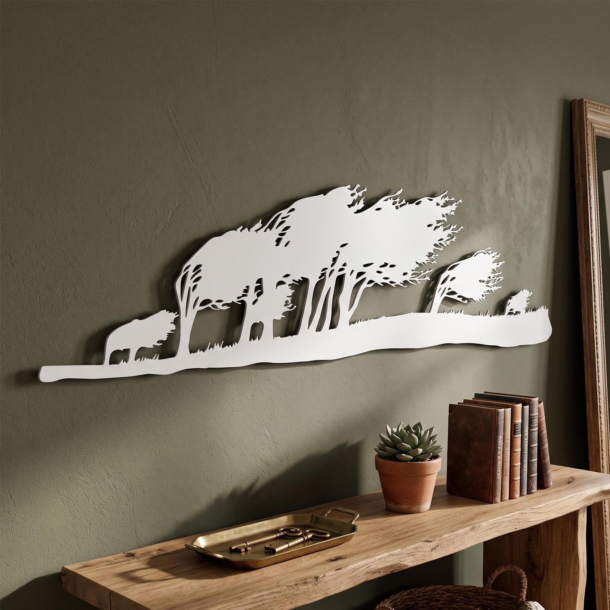 Panoramic Tree Line Metal Wall Art shown on a living room wall