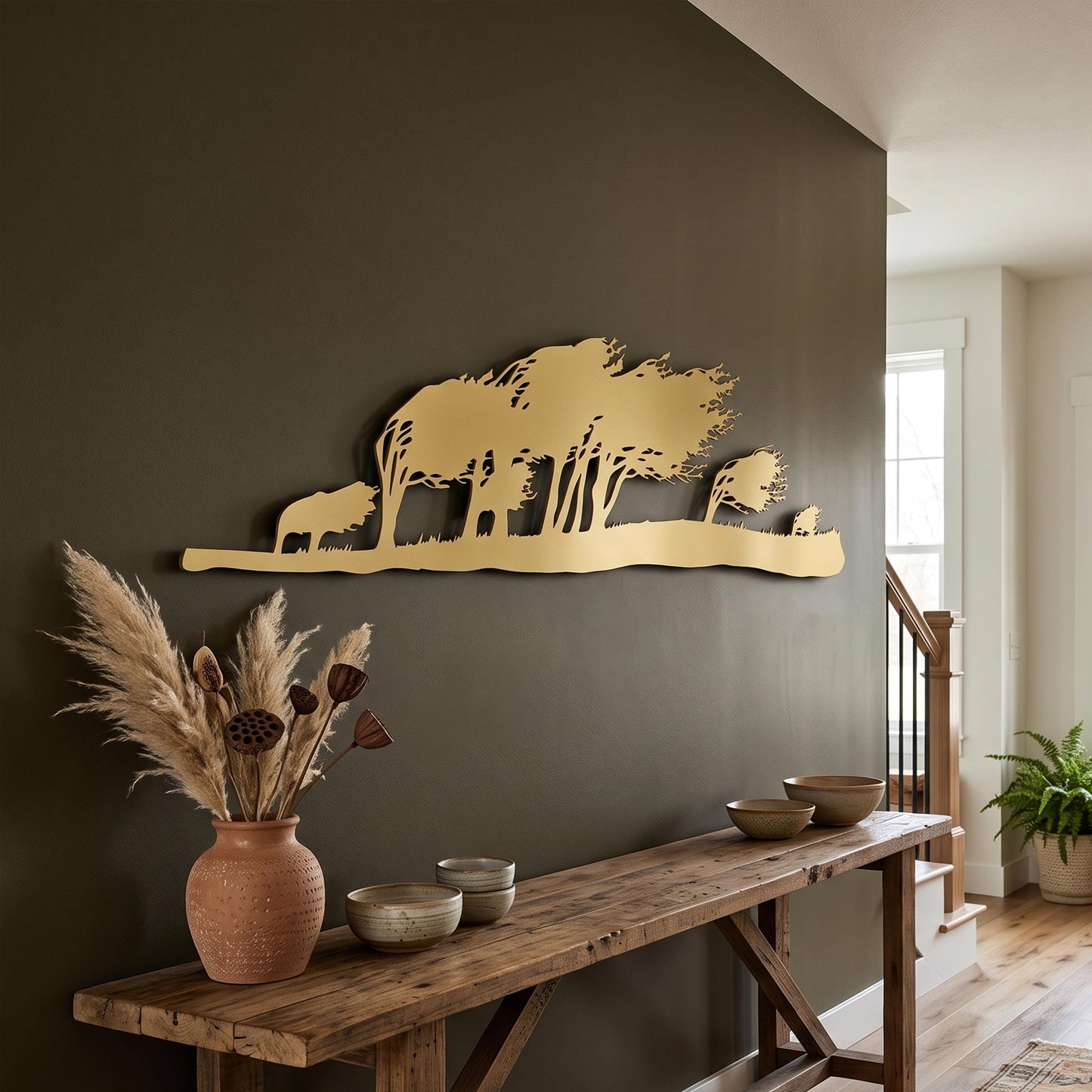 Panoramic Tree Line Metal Wall Art size guide with dimensions in cm and inches