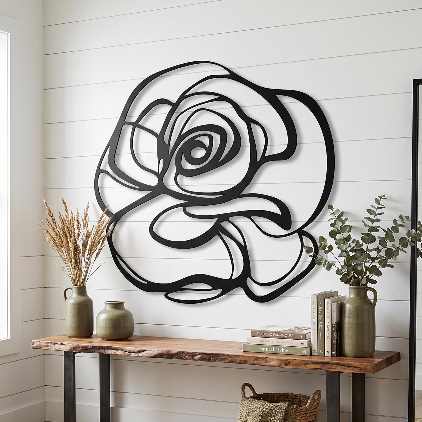 Abstract Rose Metal Wall Art styled on a living room wall