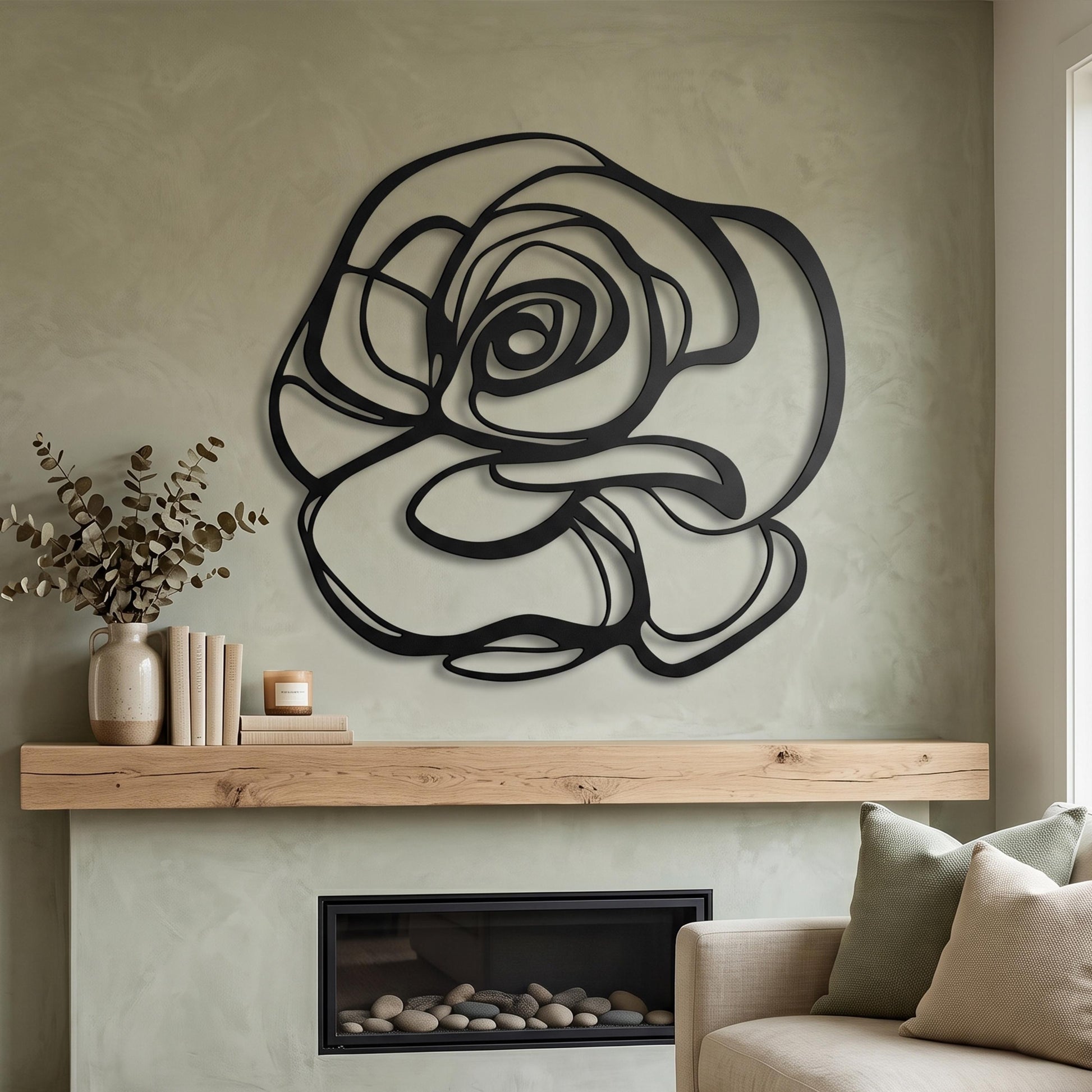 Abstract Rose Metal Wall Art shown in a modern interior