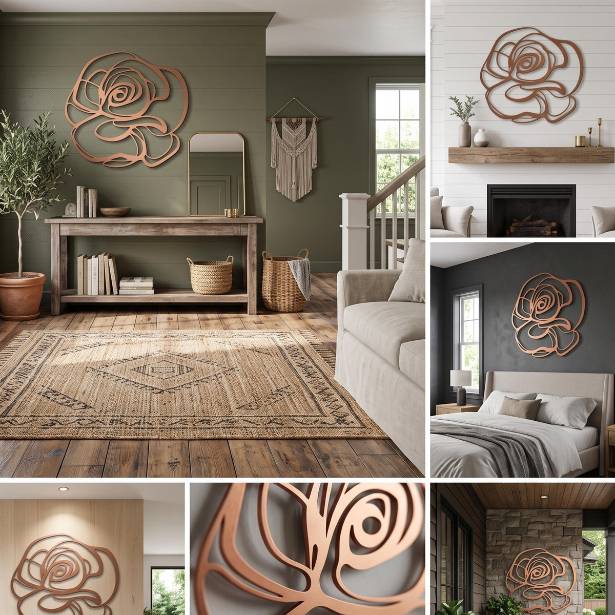 Abstract Rose Metal Wall Art styled above a sofa