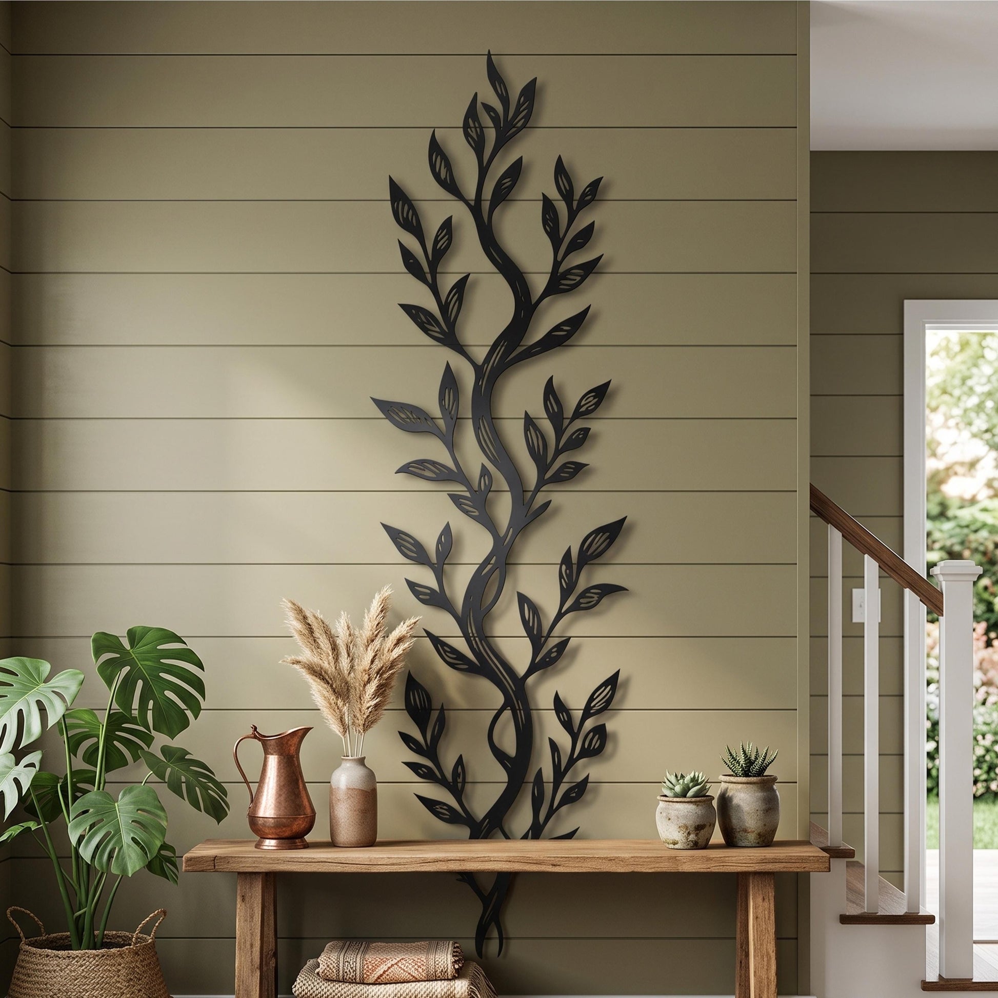 Vertical Leaf Metal Wall Art shown in a modern interior
