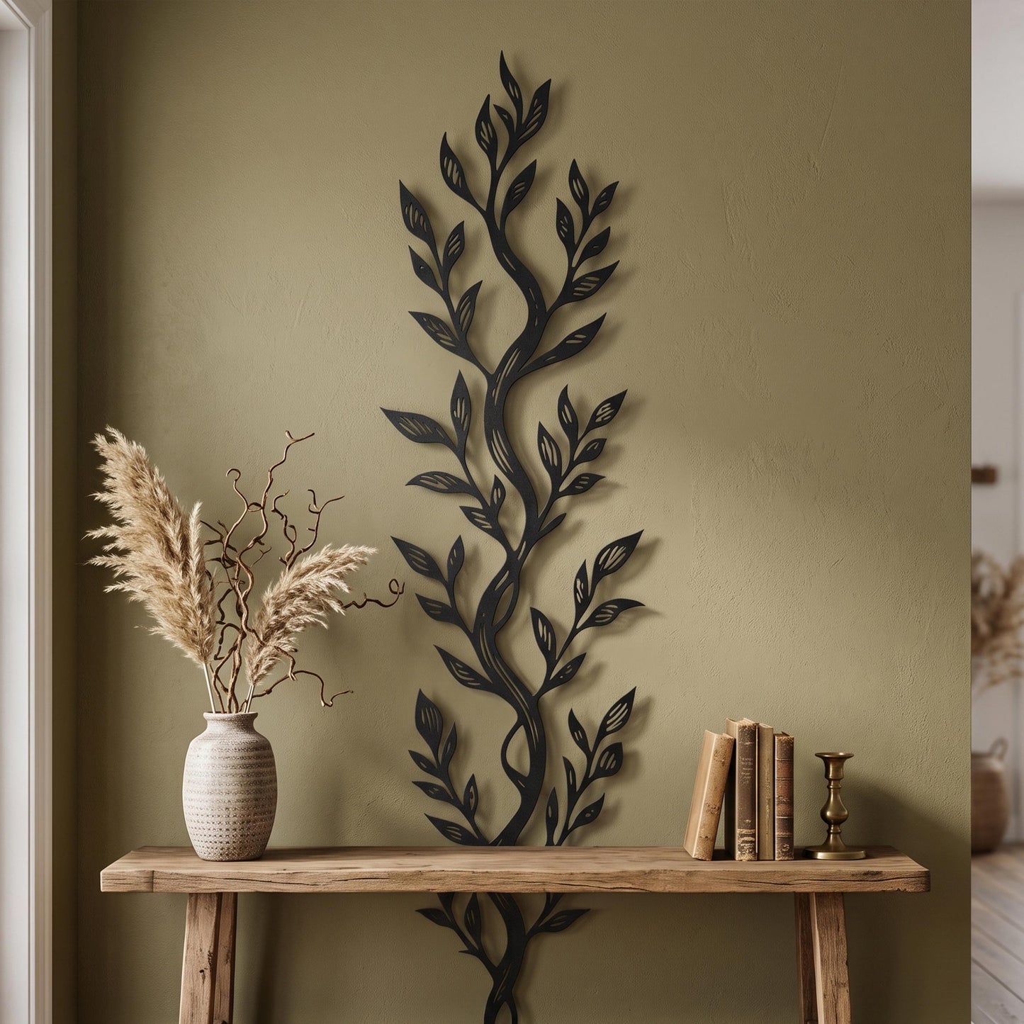 Vertical Leaf Metal Wall Art hanging bracket and mounting detail